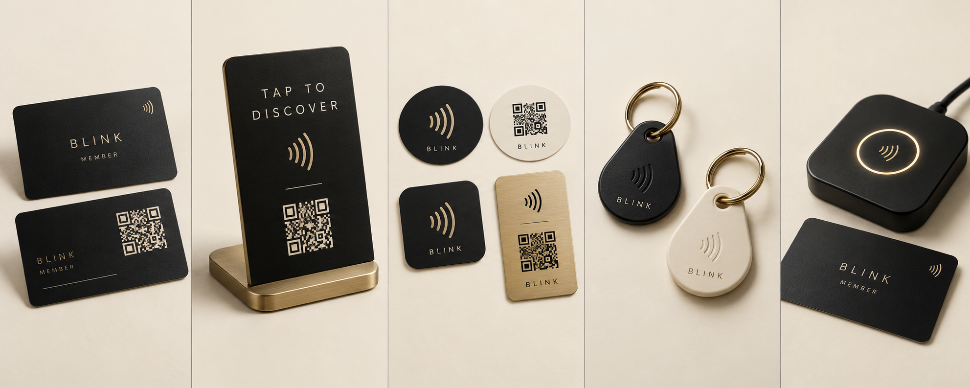 Concept imagery of BlinkOS branded NFC and QR cards, counter display, stickers, key tags and an optional tag writer